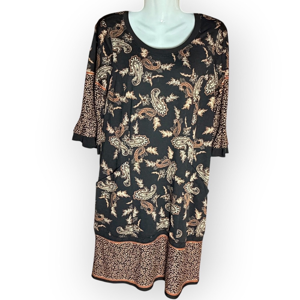 Rabbit Rabbit Designs Paisley Bell Sleeve Dress Black Brown Boho Sz 6 Pockets‎